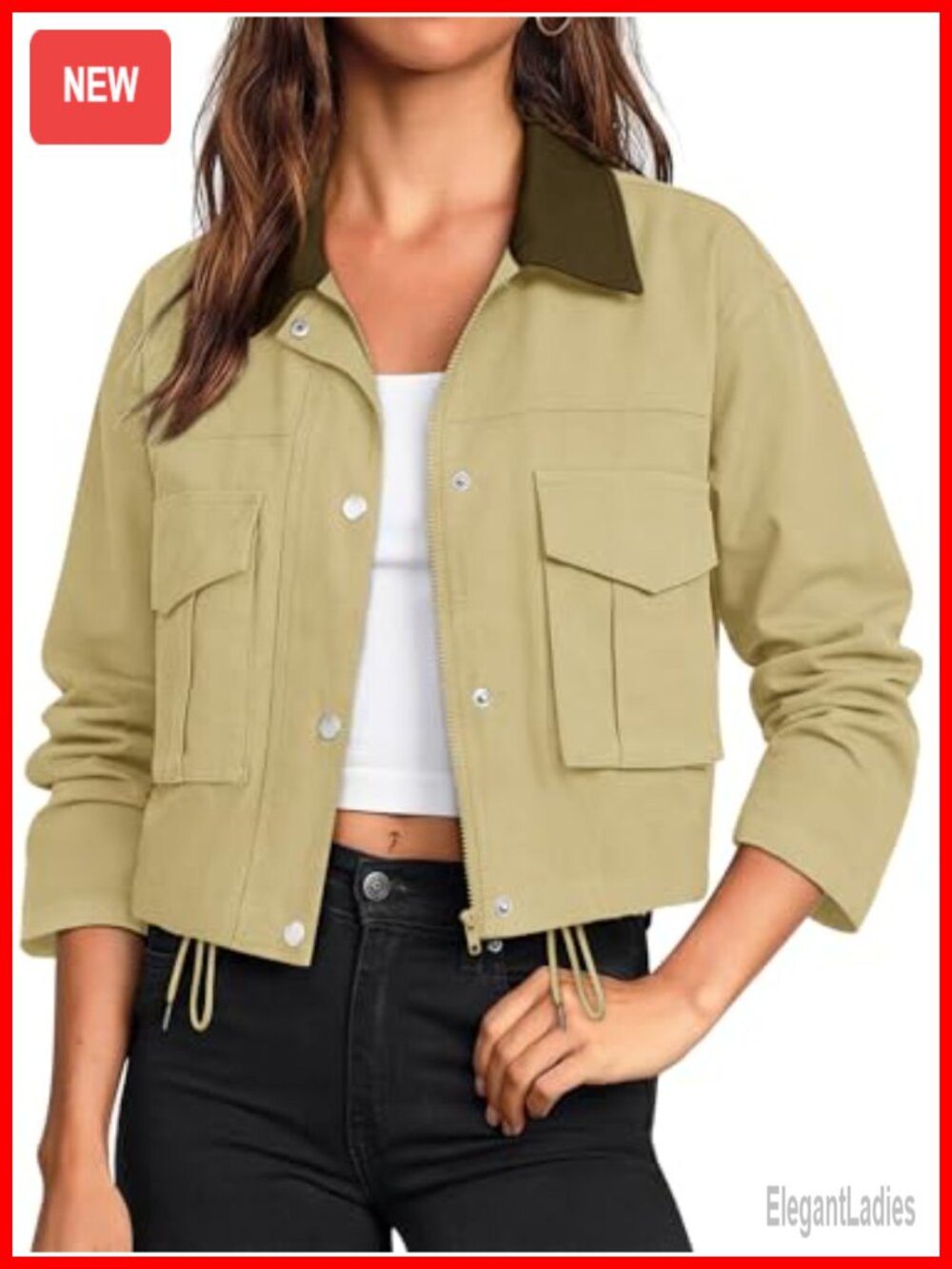 Womens Cropped Cotton Bomber Jacket Zip Up Lightweight Utility Casual Coat